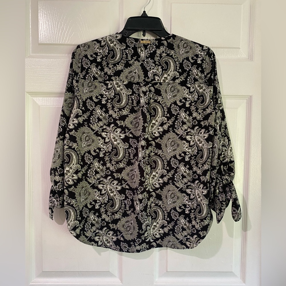 Michael Kors Womens Black Gray Paisley Tie Sleeve Lightweight Blouse Top Small - Picture 7 of 10